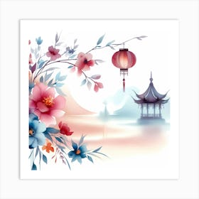 Chinese Lanterns And Flowers Art Print