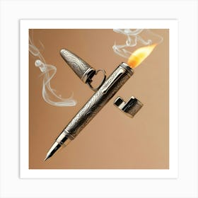 A Vintage Inspired, Ornate Pen With An Intricately Carved Antique Silver Body And A Delicate Clip, Transformed Into A Functional Lighter, Suspended In Mid Air Against A Warm, Beige Background 2 Art Print