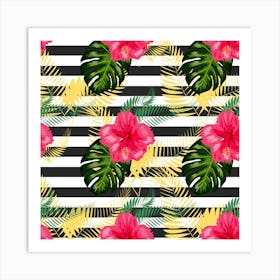 Spring Stripes Seamless Tropical Floral Pattern Art Print