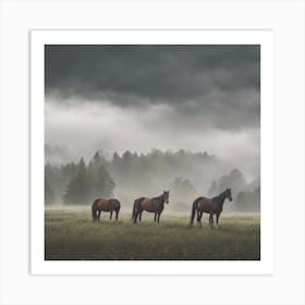 Horses In A Foggy Field Art Print