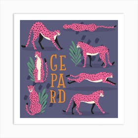 Pink Cheetahs With Florals Square Art Print