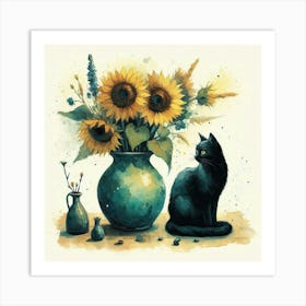 Sunflowers And Cat watercolor pestel painting Vase With Three Sunflowers With A Black Cat, Van Gogh Inspired Art Print Art Print