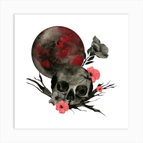 Blood moon and skull with flowers Art Print