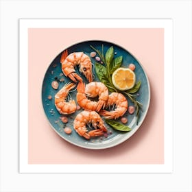 Prawns On A Plate, Shrimp Pastel Watercolor Art Print