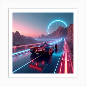 Formula Car Speeding On A Neon Lit Track Suspended Above An Alien Desert Landscape 1 Art Print