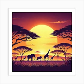 Savanna Sunset Printed Art A Serene Illustration Of A Savanna Sunset With Wildlife Silhouettes, Perfect For Bringing The Warmth And Majesty Of Nature Into Any Space Printed Art Art Print