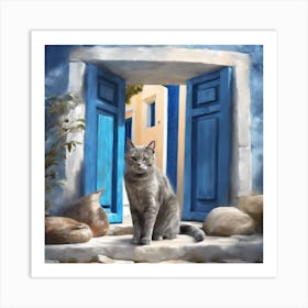 Greek Blue Door Cat Art Print 5 Art Print