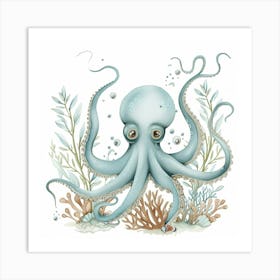 Storybook Style Octopus With Coral 2 Art Print