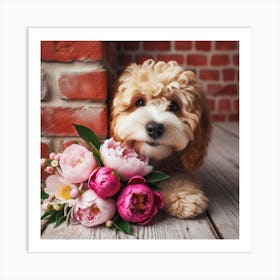 Puppy With Flowers 1 Art Print