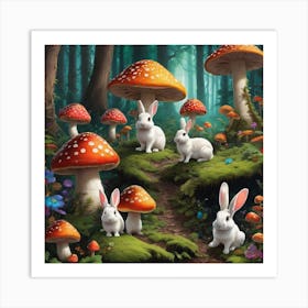 Bunnies in magical forest (the funny mushroom bunny) Art Print