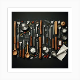 Kitchen Utensils On Black Background Art Print