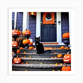 Halloween Cat On Steps 1 Art Print