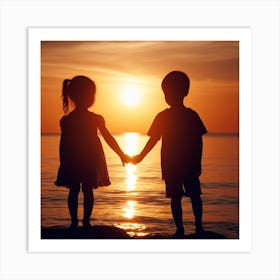 Children Holding Hands At Sunset Art Print