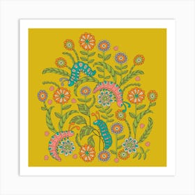 CATERPILLAR PLAYGROUND Cute Doodle Bugs Insects in Happy Pink Blue Orange Green on Bright Yellow Kids Art Print