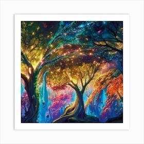 A captivating scene of trees that appear to be alive, with twinkling lights and vibrant 19 Art Print