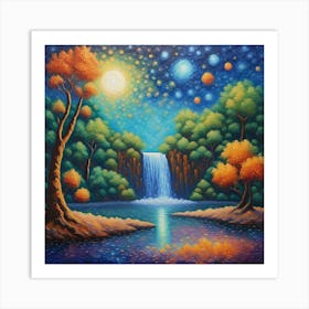 Waterfall At Night: Starry Night, Vibrant Landscape Art with Waterfall and Reflective Pond Art Print