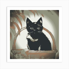 Cat Sat In A Basket Retro 2 Art Print