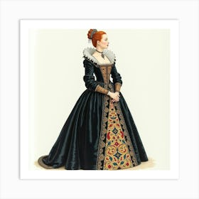 Queen Elizabeth I In Watercolor, Dark Velvet Gown, Detailed Embroidery 1 Art Print