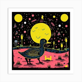 Ducklings At Night Linocut Style 3 Art Print