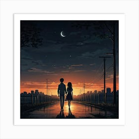 an anime young loving couple, lonely feeling, hope, vector, cartoon style, night 3 Art Print