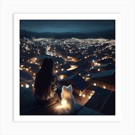 Little girl and her little dog looking at the night sky together 7 Art Print