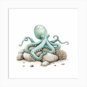 Sleepy Storybook Style Octopus On The Rocks 4 Art Print