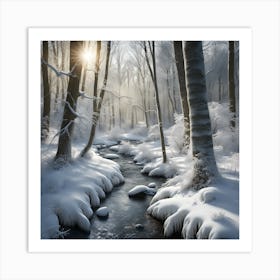 Banks of the Winter Woodland Stream in Snow Art Print