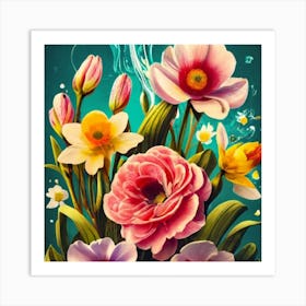 Orange, purple and yellow flowers 3 Art Print