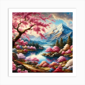 Sakura blossoms with breathtaking lake and mountain in painting art Art Print