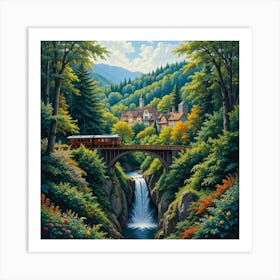 Train Over Waterfall Art Print