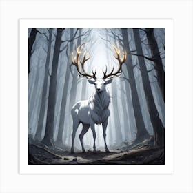 A White Stag In A Fog Forest In Minimalist Style Square Composition 75 Art Print