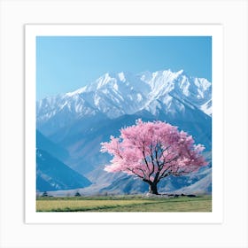 One Sakura Tree and Mountains Art Print