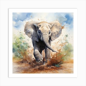 Elephant Splashing Water Art Print