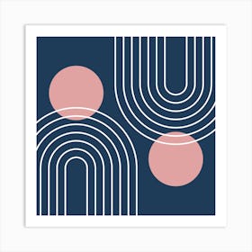 Mid Century Modern Geometric B13 In Navy Blue And Rose Gold (Rainbow And Sun Abstract) 02 Art Print