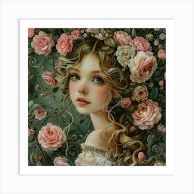 Fantasy Girl Portrait Of A Princess Fb Cover, In The Style Of Accurate And Detailed, Intricate, Delicate Flower And Garden Paintings, Kawaii Art, Realistic Oil Paintings, Golden Age Illustrations, Dark White And Dark Pink, Caricatu Poster