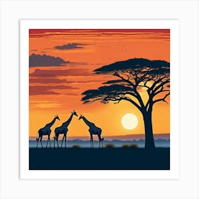 Giraffes Silhouetted Against An African Sunset Art Print