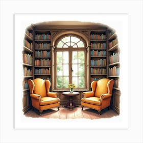 Watercolor Depiction Of An English Library Reading Nook With Cozy Armchairs 1 Art Print