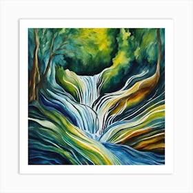 Waterfall In The Forest- Beautiful waterfall at the mountain with blue sky and white cumulus clouds. Waterfall in tropical green tree forest. Waterfall is flowing in jungle. Nature abstract background. Art Print