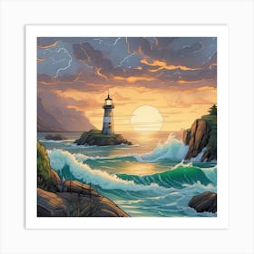 Lighthouse At Sunset Landscape 13 Art Print