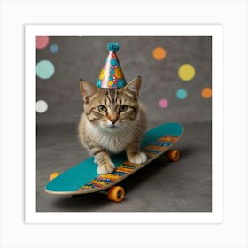 Birthday Cat On Skateboard Art Print