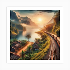 Train In The Mountains At Sunrise Wall Art Print Art Print