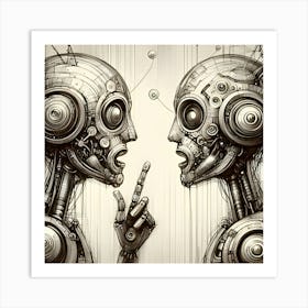 A Sketch Shows Two Robots Talking To Each Other, Featuring A Surreal Look And Narrow Aspect Ratio 3 Art Print