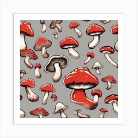 Red Mushrooms On A Gray Background Art Print