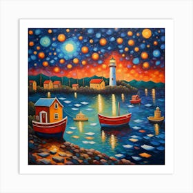 Night At The Harbor , Impressionist style , fine wall art Art Print