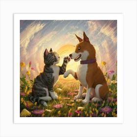 Dog And Cat In The Meadow Art Print