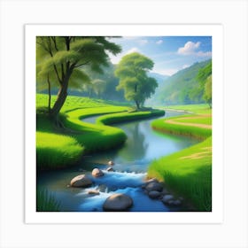 River In A Green Field Art Print