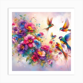 Colorful Birds And Flowers Art Print