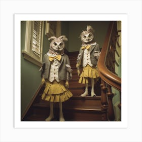 Owls On Stairs - Friends - Cute - Vintage - Spooky Art Print