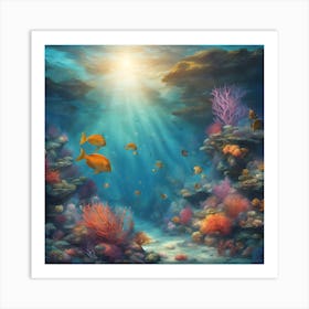"Underwater Serenity" - tranquil underwater scene with colorful coral reefs, fish, and rays of sunlight. Art Print