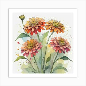 Zinnias flower plants painting art print 2 Art Print